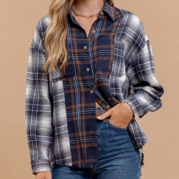 Blu Pepper Tops - Plaid Patchwork Button Down Long Sleeve Shirt